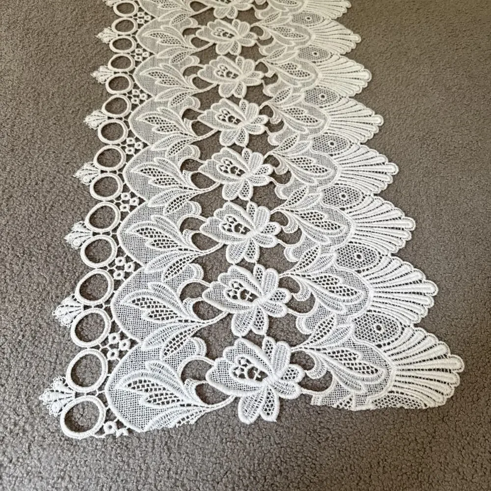 Ivory Guipure Lace Table Runner Floral Scalloped 64” x 15” Dresser Boho Vtg